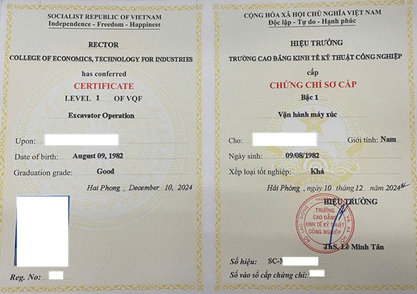 chứng chỉ lái máy xúc