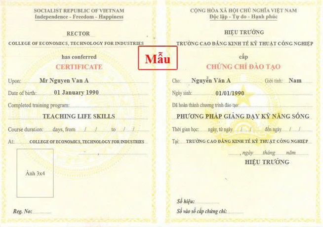 Mẫu chứng chỉ phương pháp dạy kỹ năng sống