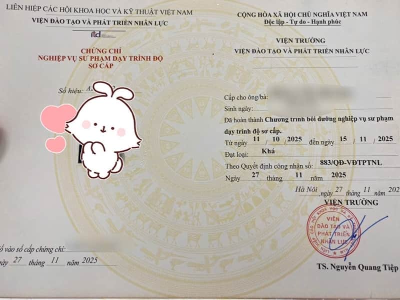 Chứng chỉ sư phạm dạy nghề Sơ Cấp 