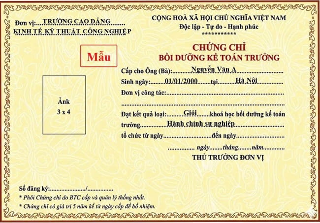 Mẫu chứng chỉ kế toán trưởng hành chính sự nghiệp