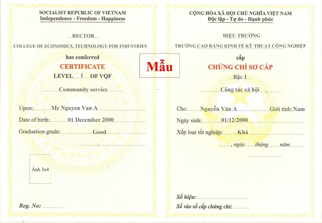 Mẫu chứng chỉ sơ cấp nghề công tác xã hội