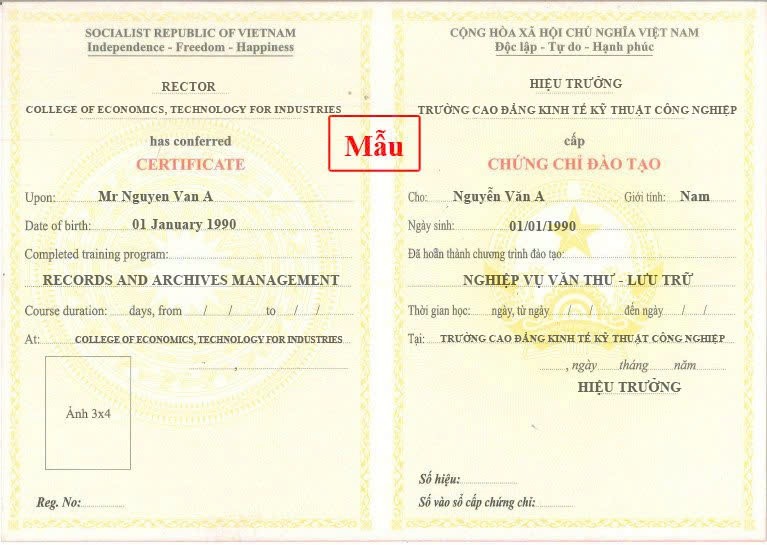 mẫu chứng chỉ nghiệp vụ văn thư lưu trữ
