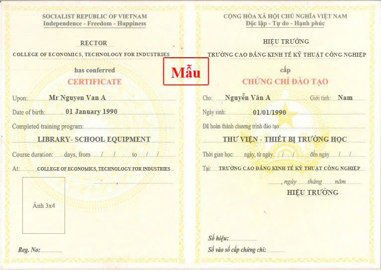 mẫu chứng chỉ thư viện thiết bị trường học